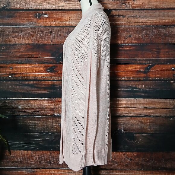 Leo & Nicole Cardigan Sweater XL Open Long Pointelle Loose Weave Knit Light Pink - Picture 7 of 10
